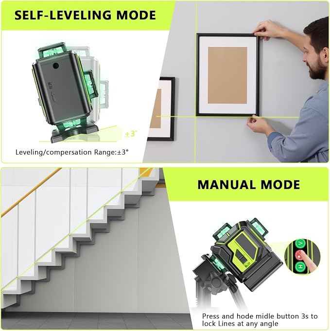 16 Line Laser Level 360 Self Leveling, 4x360°Professional 4D Green Cross Line laser Level with 2 Batteries, Adjustable Brightness & Remote Control, for Tiling Floor Construction and Picture Hanging