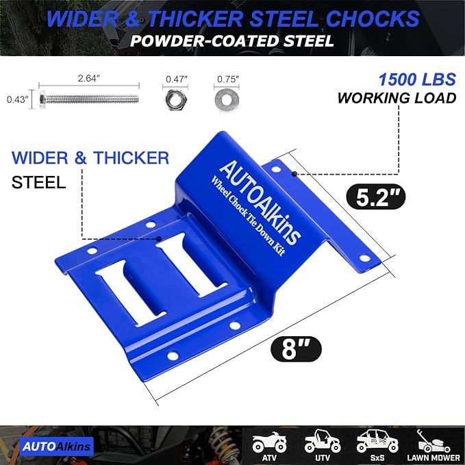Wheel Chock Tie Down Kit, 4,400lb Break Strength — 4 Heavy Duty E-Track Tire Ratchet Straps & 8 Steel Wheel Chocks, Complete Trailer Tie Down System for ATV, UTV, Lawn Mower & SxS (Blue)