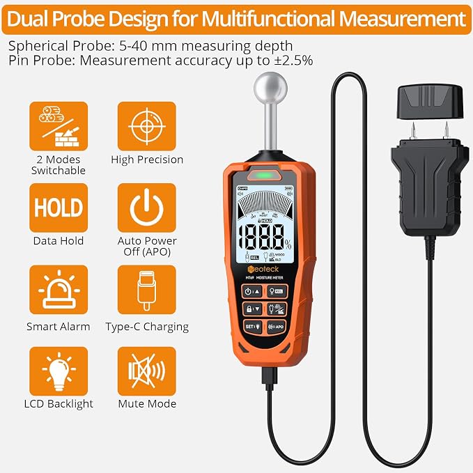 Neoteck Professional Measurement Kit: Spherical Inductive Pinless Moisture Meter & 2-in-1 Dual Probe 40mm Moisture Meter, LCD Display, USB Rechargeable, Audio Alarm for Wood, Wall, Concrete