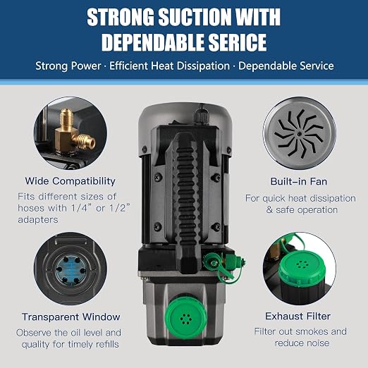 PB Motor TECH 4.5CFM 1/3HP Vacuum Pump with 4-Way AC Manifold Gauge Set for R134a R22 R410a - Includes Leak Detector, Puncture Can Tap, and More
