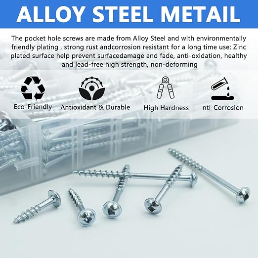 350 PCS Pocket Hole Screws Assortment Kit, 5 Sizes #8 x 1, 1-1/4", 1-1/2", 2", 2-1/2",Square Drive Self Tapping Coarse Thread Wood Screws Set, Zinc Coated, Drive Bit Included Suitable for Indoor