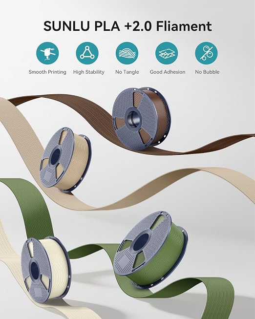 SUNLU PLA+2.0 Filament 1.75mm, 4KG,Upgraded Tougher & Stronger PLA Plus for 3D Printers, Smooth & Neatly Wound, ±0.02mm Accuracy, 1 KG Spool, 4 Packs, Bone White+Olive Green+Chocolate Brown+Oak Brown