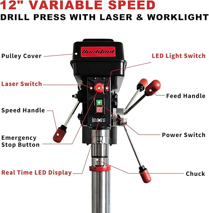 BUCKTOOL 12'' 6 Pole Motor Variable Speed Benchtop Drill Press 360–2000RPM, 3/4HP Powerful Bench Drill Press with Laser and Worklight, Low Speed Tabletop Drilling Machine for Metalworking, Woodworking