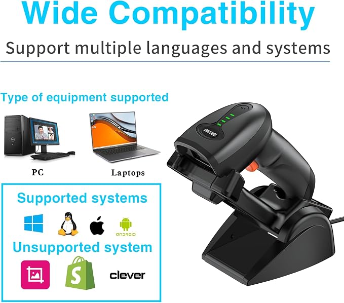 Symcode QR Industrial Bluetooth Barcode Scanner with Wireless Charging Stand, Wireless 2D 1D Bar Code Scanner Drop Protection Shock Dust Proof Hands Free Auto-Sensing Stand Barcode Scanner
