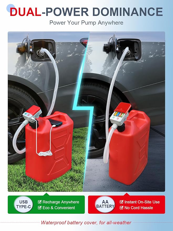 Fuel Transfer Pump 3.2 GPM, Dual Power USB-C & AA Battery, Auto-Stop Gas and Diesel Pump, 51 Inch Hose with 4 Fuel Can Adapters for Easy, Hands-Free Fueling (Red)
