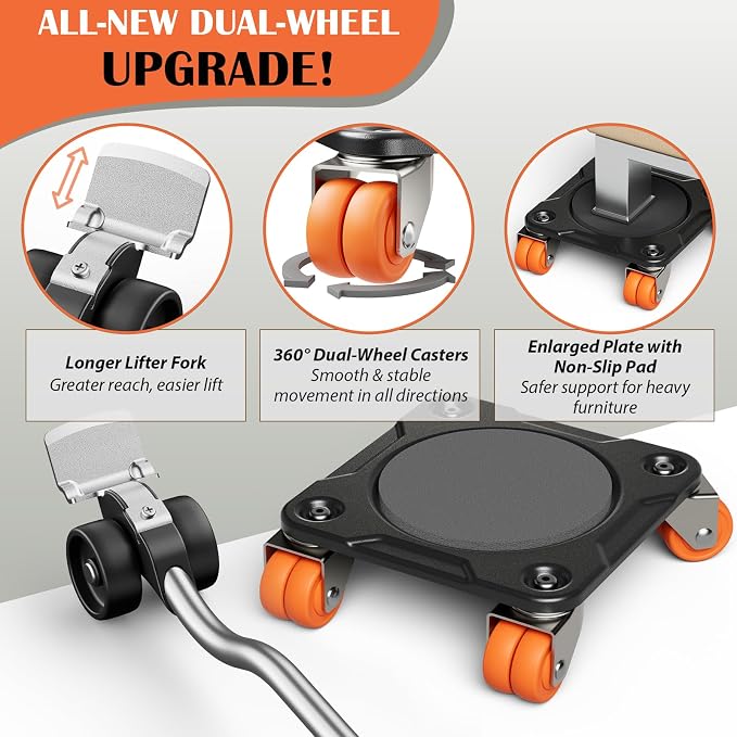 ONEON Heavy Duty Furniture Movers with Wheels Dolly with Auxiliary Lifter, All-New Upgraded Carbon Steel Panels & Dual-Wheeled Casters, Supports up to 2200 lbs (XL)