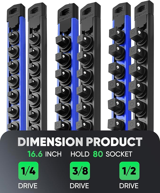 ALOANES Magnetic Socket Organizer Set, 6PC Heavy Duty Aluminum Socket Holder Organizer, 360° Swivel Clips Socket Holder Kit for Toolbox Drawer Fit 1/2, 3/8, 1/4-Inch x 80 Clips (Blue&Black, 6PC)