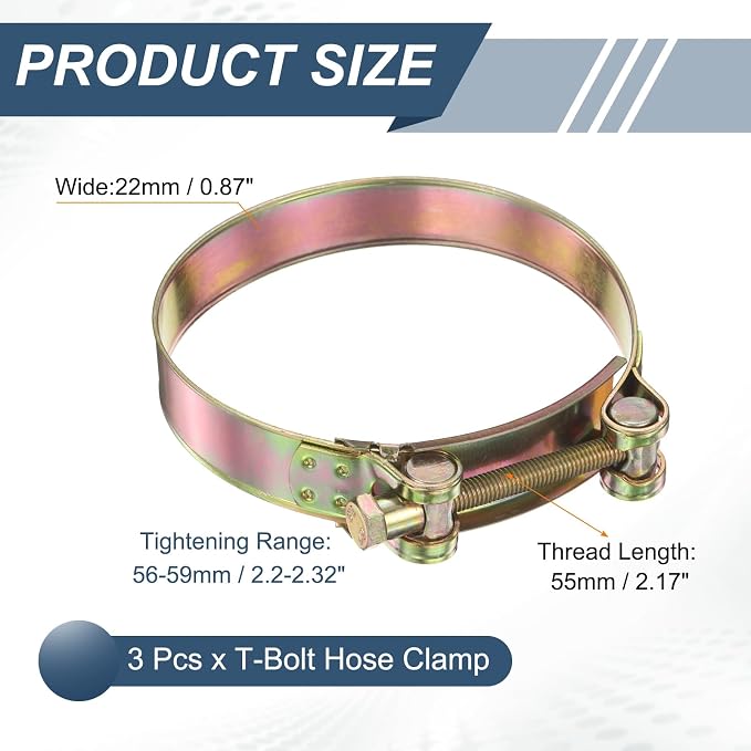 HARFINGTON 3pcs T-Bolt Hose Clamp 56-59mm (2.2-2.32") Galvanized Carbon Steel Adjustable Intake Radiator Pipe Clamps for Automotive Plumbing Industrial Pipes