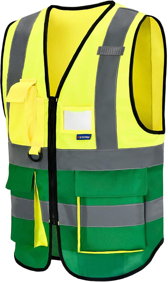 A-SAFETY Reflective Construction Vest, Radio Loop, Zipper, Yellow/Green, S | Yellow/Green S Polyester work vest with transparent ID pocket, radio mic loop and reflective strips for property maintenance.