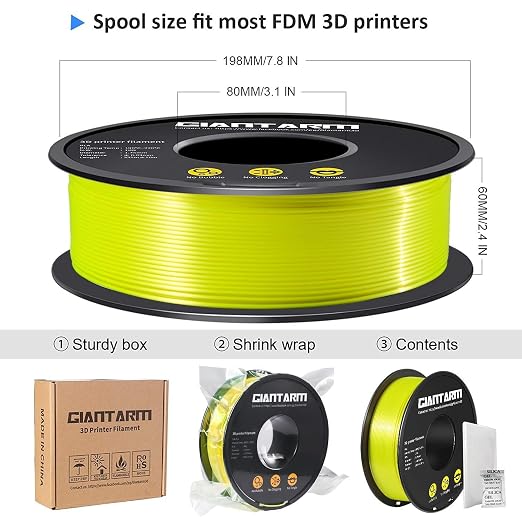 GIANTARM 3D Printer Filament, Silk Yellow Pla Filament, 1Kg(2.2lbs) Spool, 1.75mm Dimension Accuracy +/- 0.03mm, 3D Printing Filament