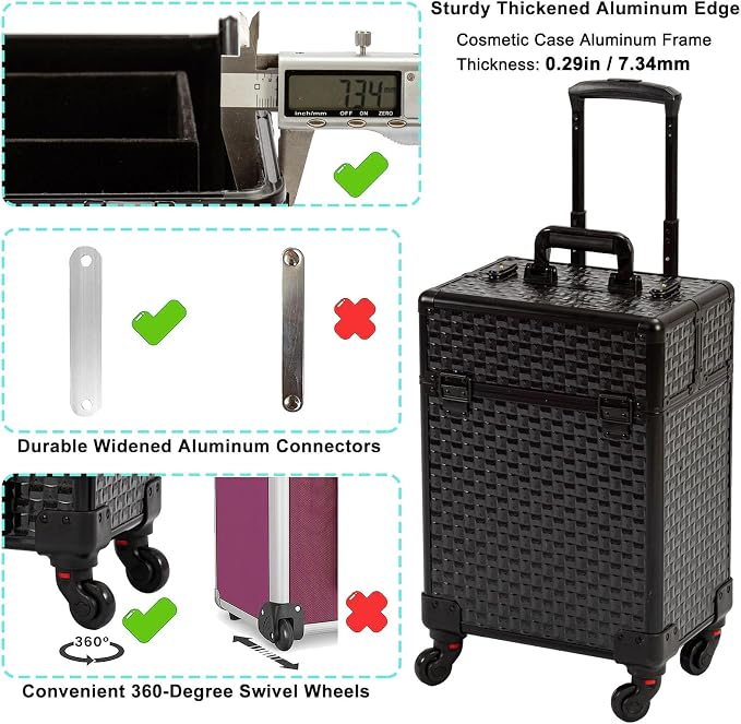 AROUS Rolling Makeup Train Case, Large Storage Cosmetic Trolley with 4 Aluminum Trays, 360 Swivel Wheels, Keys, Traveling Cart Trunk for Nail Technicians Hairstylist, Black