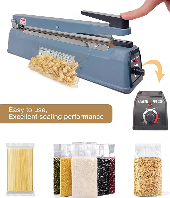 12 Inch 5mm Impulse Heat Sealer Machine for Plastic Mylar Bags, Metal Shell, with 6 Replacement Parts (including 2 Cutting Lines)