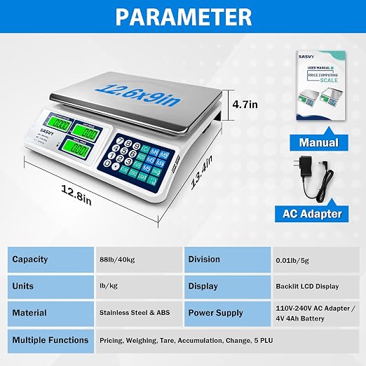 Price Computing Scale 88lb/40kg Commercial Food Scale with Change Function, Dual LCD Displays, Rechargeable Battery for Farmers Markets, Deli, Meat, Produce, Retail
