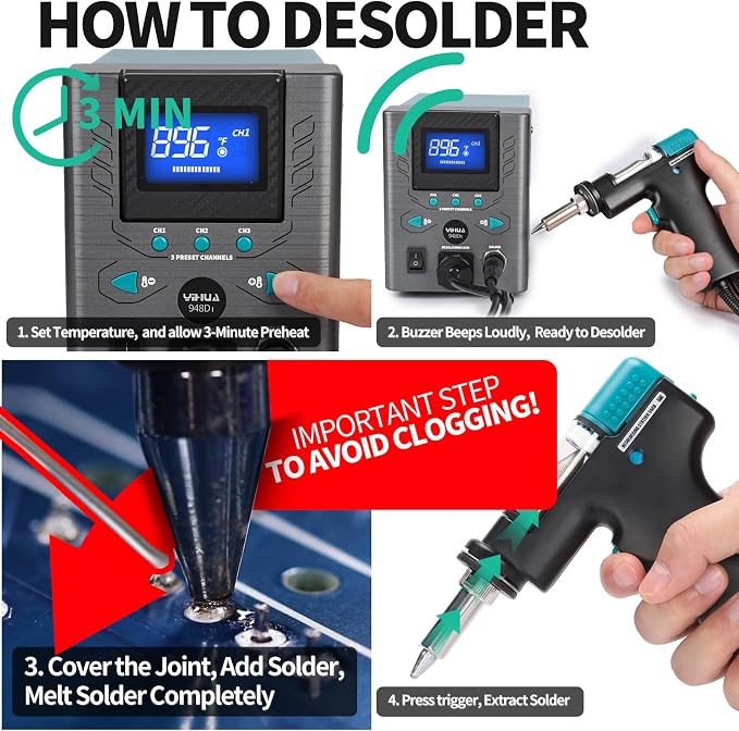 YIHUA 948D-I Desoldering Station 110W High Performance ESD-Safe with Temperature Control 716-896°F Adjustable, 3 Pre-set Channels, °C/°F Conversion, Auto Stand-by, Sleep Mode