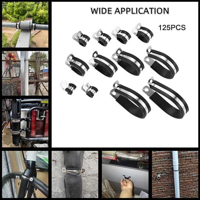 dophee 125Pcs Cable Clamps Assortment Kit 12 Sizes 304 Stainless Steel Wire Clips Rubber Insulated Cushioned Pipe Hose Clamps 3/16" 1/4" 5/16" 3/8" 1/2" 5/8" 3/4" 1" 1-1/4" 1-1/2" 1-3/4" 2"