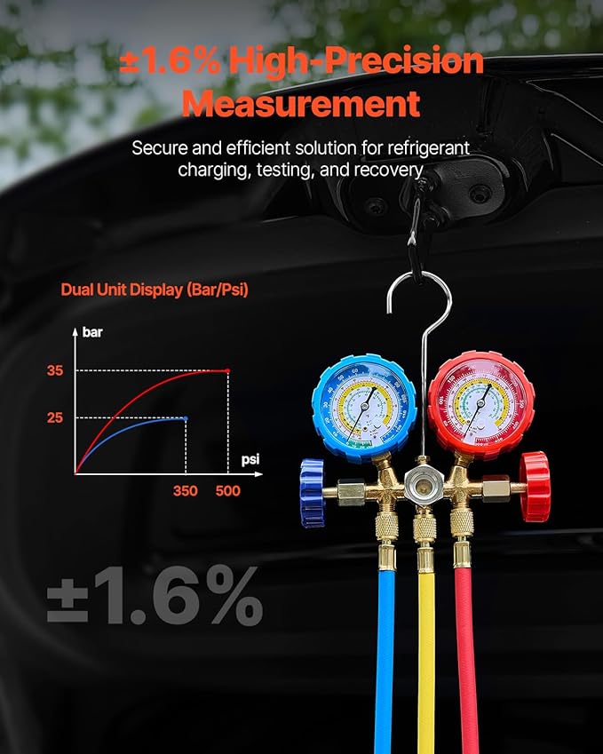 VEVOR 3.5 CFM AC Vacuum Pump and Gauge Set, Single Stage Rotary Vane HVAC Air Vacuum Pump, A/C Refrigerant Manifold Gauge Kit, with Hoses, Air Conditioning Refrigeration for R134a, R12, R22, R502a
