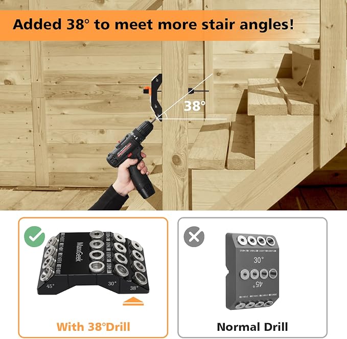 MaxxGeek Drill Guide for 30 38 45 90 Degree Angled and Straight Holes, Added 38 Degree Portable Drill Guide for Deck Stair Handrail and Horizontal Cable Wood Post （without Drill Bit）