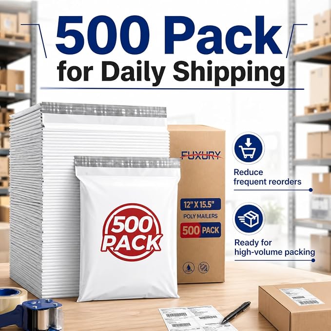 Fuxury Poly Mailers 12x15.5" 500 Pack,White Bulk Shipping Bags for Clothing | Bulk Pack Mailers Poly Bag,Strong Adhesive Packaging,Self Seal Mailing Envelopes for Small Business,Boutique & Online Sellers