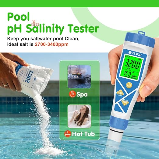 Pool pH Salt and Chlorine Tester 8 in 1 Digital pH Salinity TDS EC Chlorine ORP H2 for Salt Water Pool, Hot Tub, Hydroponic, Aquarium, Hydrogen Water Bottle, Simultaneously Display pH&CI-Temp