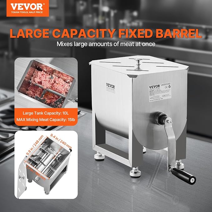 VEVOR Manual Meat Mixer, 10L Fixed Tank – Heavy Duty Stainless Steel Hand Mixer for Ground Beef & Sausage, Max 15lb Mixing Meat Capacity, with Lid Handle
