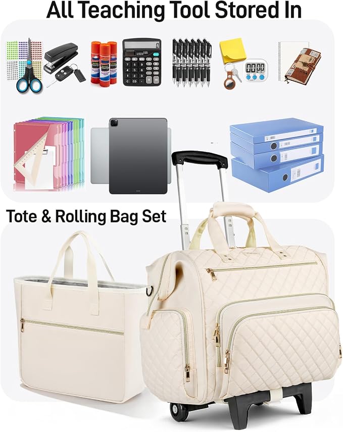 Rolling Teacher Bag, 16 Inch Rolling Laptop Bag with Detachable Dolly & Teacher File Tote, Large Roller Briefcase for Teaching Office Work, Women, Craft Nurse,Beige