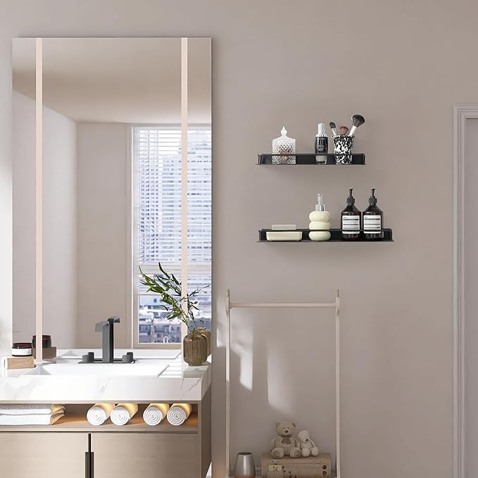 RFOUO 12 Inch Small Metal Wall Shelf with Guard Rail,Black,1 Pack | Small Bathroom Shelf, Wall Mounted, Aluminum Floating Shelf, For Toothbrush Perfume Spice,Bathroom Bedroom Kitchen