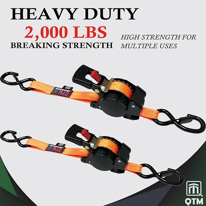 QTM Retractable Ratchet Straps 4-Pack Orange, Heavy Duty 1" x 10ft with Soft Loops & Stainless Steel Spring, 2000lb Breaking Strength for Truck, Trailer, Motorcycle Cargo