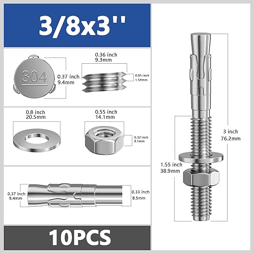 Wensilon 10Pcs 3/8x3 Inch Standard Fasteners for Heavy-Duty 304 Stainless Steel Wedge Anchors for Cement and Concrete