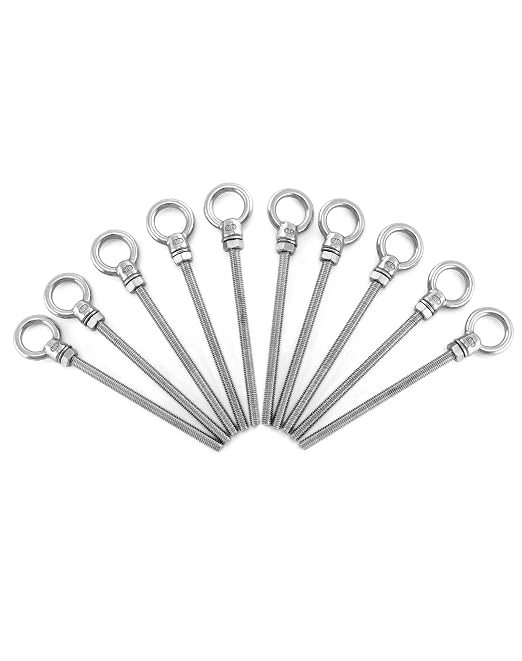 QWORK Threaded Eyebolts, 10 Pack 1/4" x 4" Long Stainless Steel Marine Grade Shoulder Eye Bolt