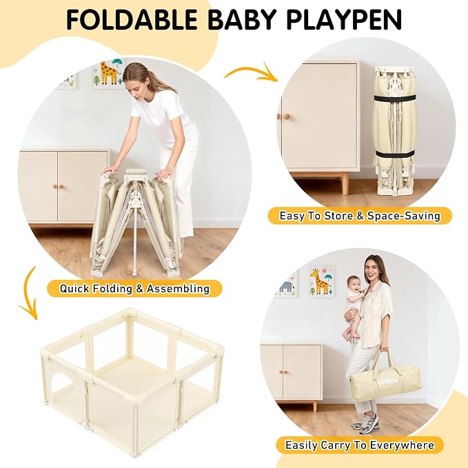 Baby Playpen Foldable Playpen for Babies and Toddlers, Large Playpens Portable Play Pen Play Yard for Kids Fence Indoor Outdoor Travel 4 Handlers 50 Balls Baby Gifts Essentials 50"X50" Beige
