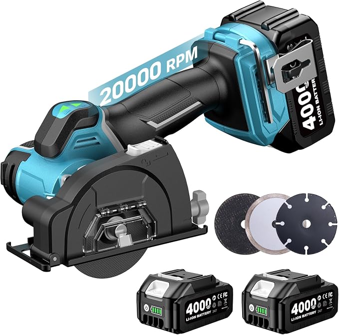 Seesii 21V Brushless 3" Cordless Cut-Off Tool with 2x 4.0Ah Batteries, 20000 RPM Mini Angle Grinder with 0.1s Safety Brake & Forward/Reverse, Cordless Cutter for Metal, Tile, Rebar