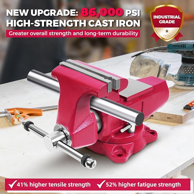 Forward Round Bench Vise 4 Inch, 1740B Economic Industrial Vice PRO with 360° Swivel Base, 4" Jaw Width, 4" Max Jaw Opening, 2-5/8" Throat Depth, 86,000PSI Ductile Iron