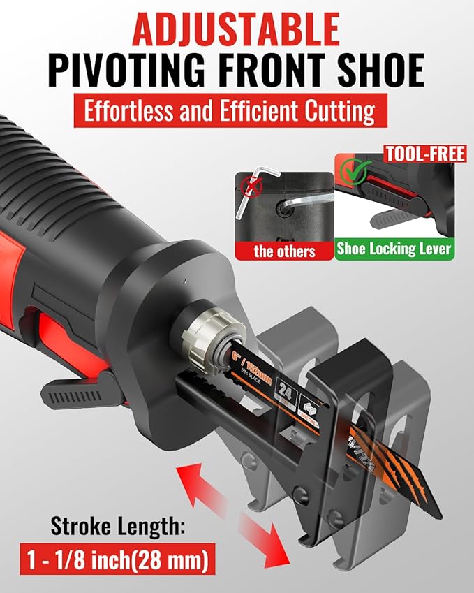 7 Amp Corded Reciprocating Saw for Wood, Metal, PVC & Tree Pruning, 1-1/8" Stroke Length & 2800 SPM, 6-Speed Dial, 180° Rotating Handle, Adjustable Pivoting Front Shoe, 6 Blades & Bag Included
