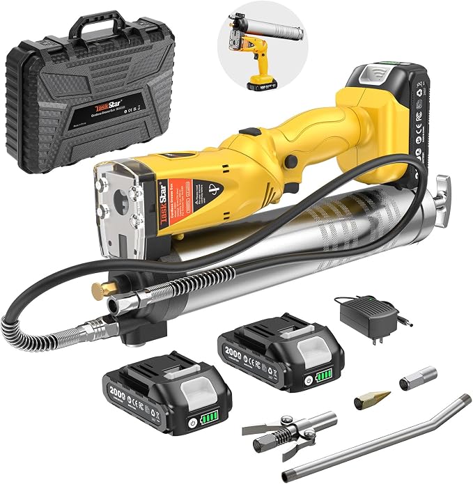TaskStar Electric Grease Gun Kit: Professional Cordless Battery Grease Gun, 10000 PSI, Automatic Pumping Mode, Ergonomic Grip, with 2 Batteries, 3 Easy-to-use Couplers, 39.4" Hose for Truck, Tractor