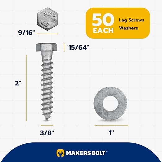 3/8 x 2 (50 Pack) Lag Screw Kit, 50 Screws and 50 washers, Hot Dip Galvanized, Meets ASME B18.2.1 Industrial/Commercial Grade by Makers Bolt