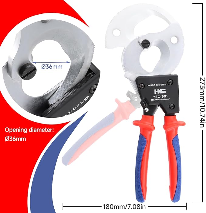 HKS Ratchet Cable Wire Cutter Heavy Duty for Cutting Electrical Aluminum Copper and Multi-core Cables up to 300mm² (AWG 600MCM) YEC-36D Chrome-plated VER