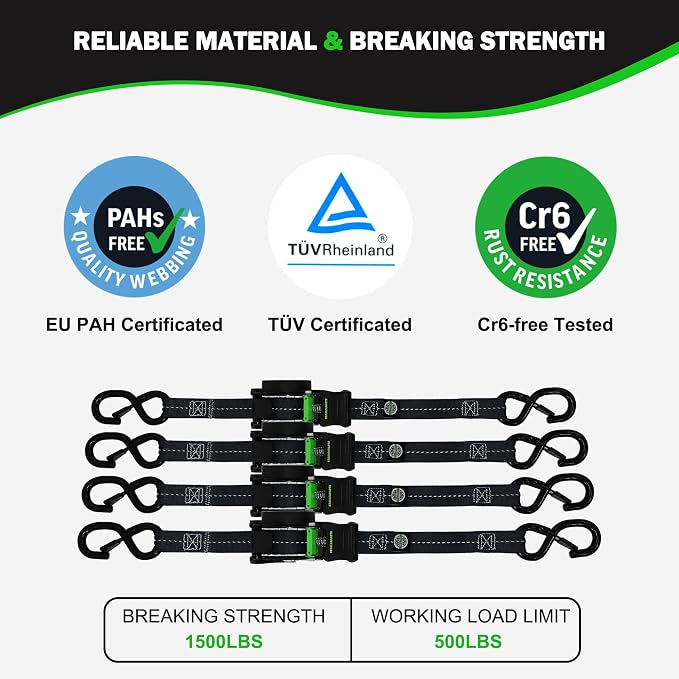 Retractable Ratchet Straps(4PK) - 1,500lb Break Strength with 2,100lbs Break Strength Tie Down Straps