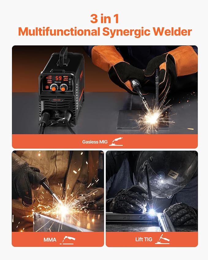 VEVOR MIG Welder, 130Amp Synergic Mig Welding Machine, 3-in-1 Flux Core MIG/Stick/Lift TIG Multi-Process Welder Machine, 110V Portable Mig Welder with IGBT Inverter Technology & Digital Display Screen