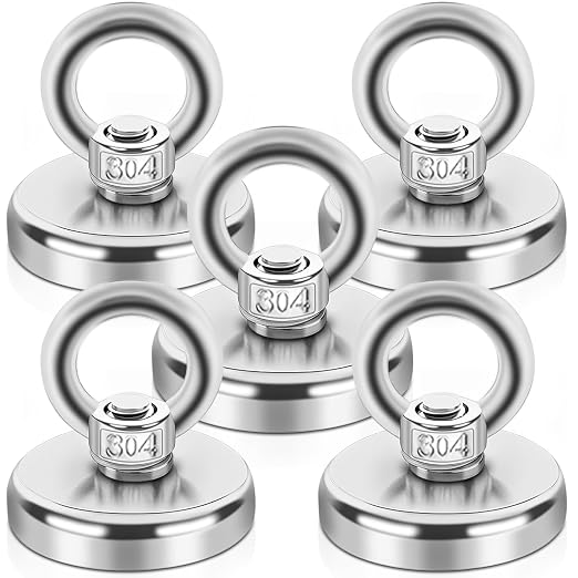 5 Pcs Lift Fishing Magnets, Large Rare Earth Neodymium Salvage Magnets for Removing with Durable Rope, Carabiner, Gloves, Grappling Hook & Carry Case, D1.26''(32 mm)