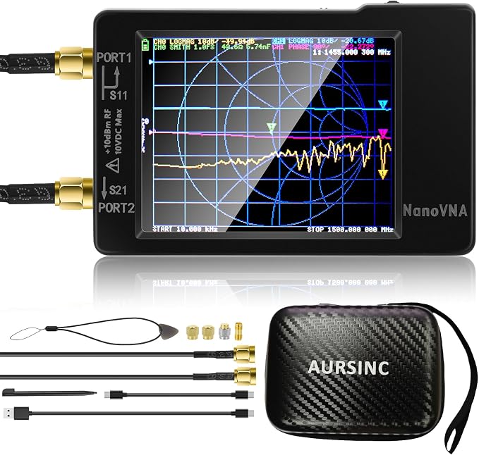 AURSINC NanoVNA-H Vector Network Analyzer, Latest HW V3.7 9KHz -1.5GHz Antenna Analyzer with 2.8" EVA Protective Case, Waterproof & Shockproof, Measuring S Parameters, SWR, Phase, Delay, Smith Chart