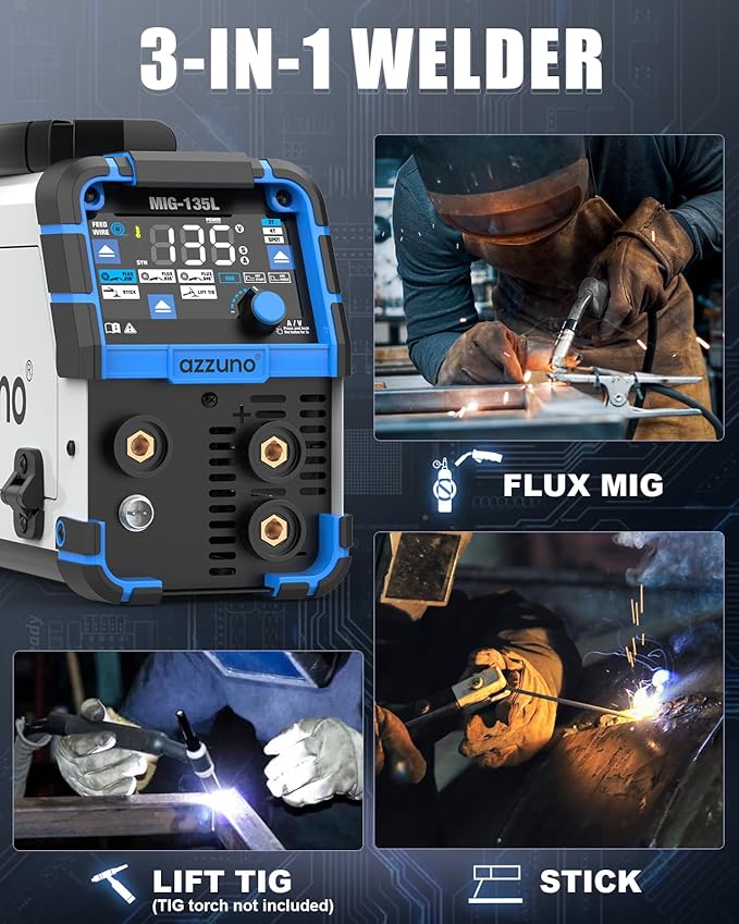 AZZUNO 135A MIG Welder& Welding Helmet Auto Darkening with True Color Large Viewing, 110V 3 in 1 Gasless Flux Core MIG Welder/Lift TIG/Stick Welding Machine, Wire Feed Welder with Synergic Control