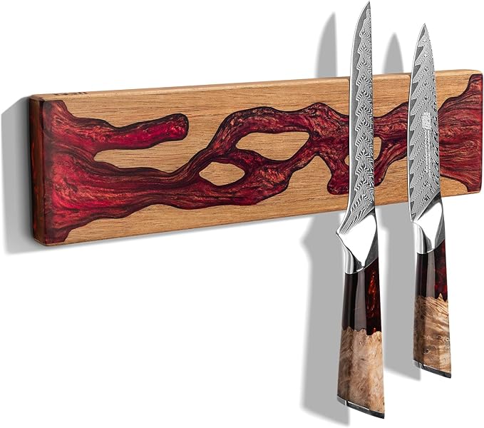 FINDKING Magnetic Knife Strip for Wall, Solid Acacia Wood with Deep Red Resin Inlay, Wall-Mounted Knife Holder with Strong Magnetic Hold, No-Drill Adhesive Mount (12 Inch)