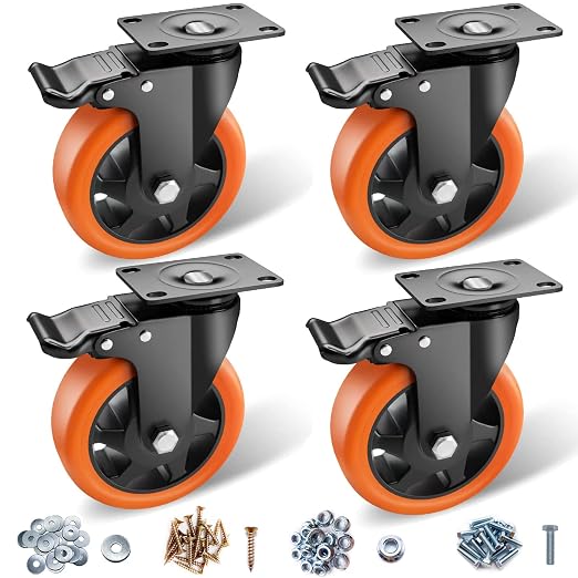 5" Caster Wheels - Orange Polyurethane Swivel Wheels With Top Plate - Set of 4 Heavy Duty Locking Casters for Furniture and Workbench - With Brake