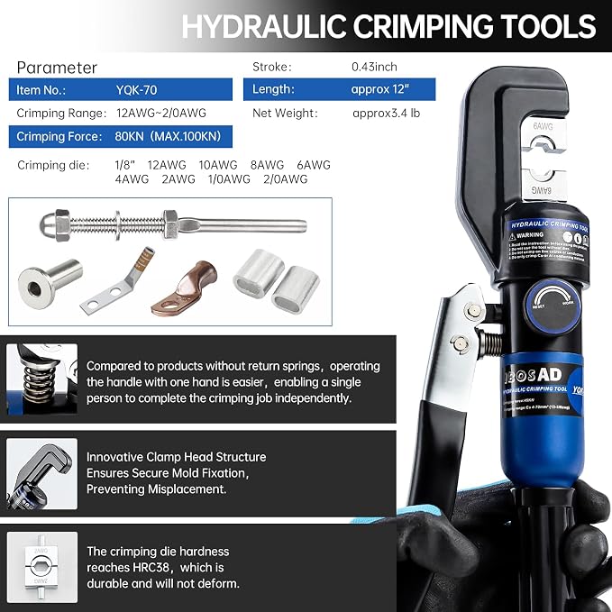 1/8” Wire Rope Crimping Tool,Hand Operated Hydraulic Crimping Tool Range 12 AWG-2/0 AWG for Cable Lugs Hydraulic Crimping Crimper Wire Terminal Lug Tool with 9 Pairs of Dies