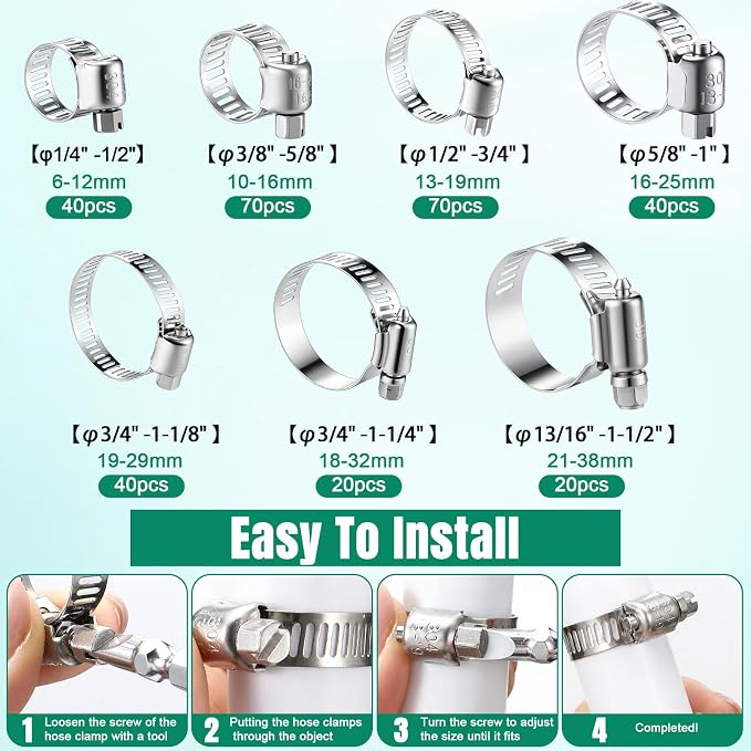 Shimeyao 300 Pcs Hose Clamp Assortment (1/4''- 1-1/2" (6-38 Mm) Stainless Steel Hose Clamps 304 Stainless Steel Worm Fuel Line Clip for Automotive Plumbing Intercooler Tube