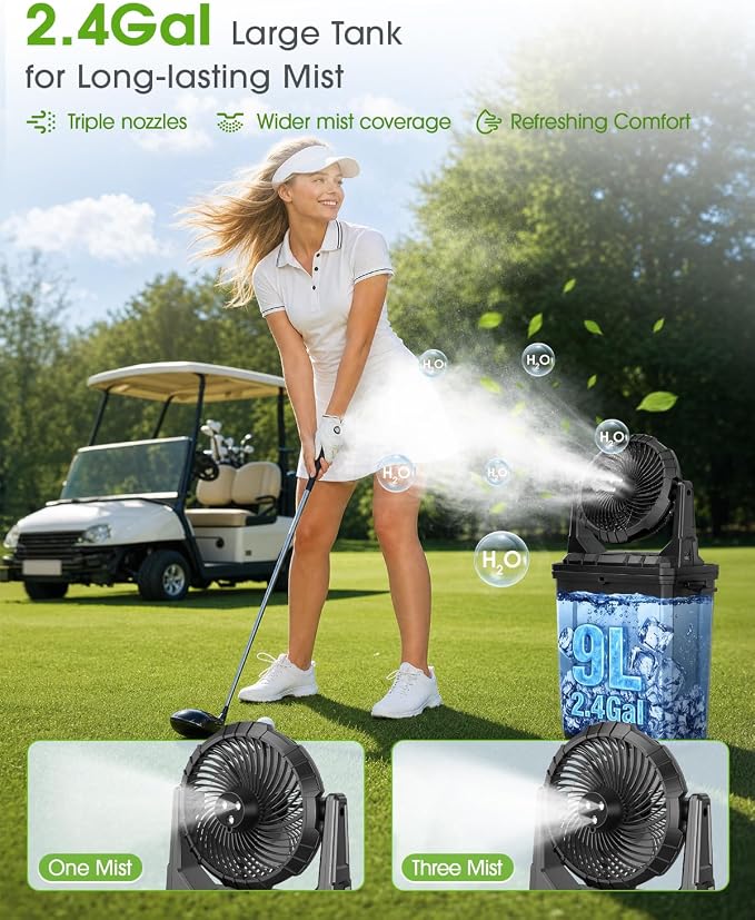 Ausic 2026 Upgraded 10″ 9L Oscillating Portable Misting Fan With Light, [Max 55Hrs] Golf Cart Mister Fan for Outside Patios, Outdoor Rechargeable Battery Operated Water Cool Fan-3 Spray Misters