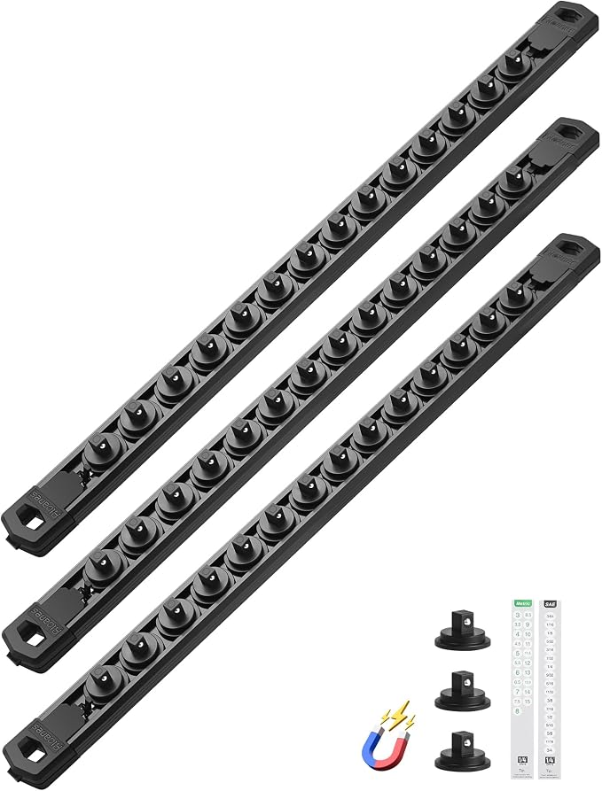 ALOANES Magnetic Socket Organizer Set, 3-Piece Heavy Duty Aluminum Socket Rails, 360° Swivel Clips Socket Rail Kit for Tool Tray Drawer Fit 1/4-Inch x 42 Clips (Black, 3PC)