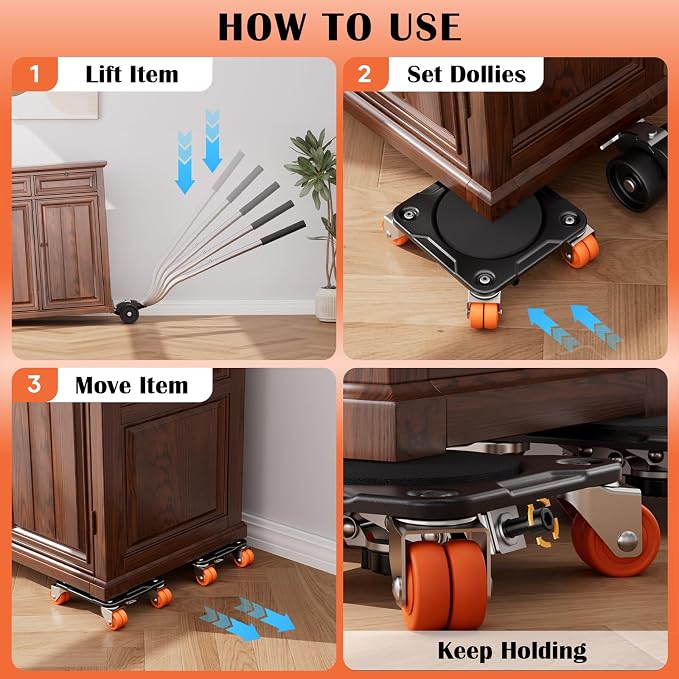 Furniture Movers with Parking Lock, 10-Wheel & 8-Wheel Dual-Wheel Caster Dollies, Heavy Duty Square Dolly Set with Furniture Lifter and Base, 360° Swivel Casters, Up to 4000 lbs Load Capacity
