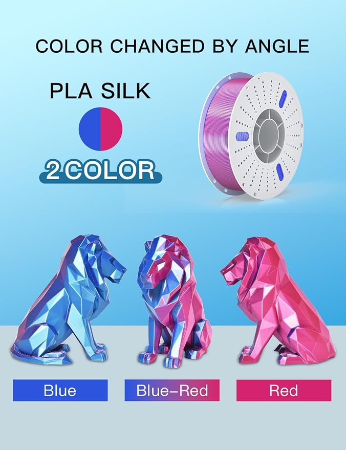 PINBALL Silk PLA 3D Printer Filament 1.75mm Shiny Silk Dual Color Filament 3D Printing PLA Filament Dimensional Accuracy +/- 0.02mm 1 KG Silk Dual Color Blue-Red