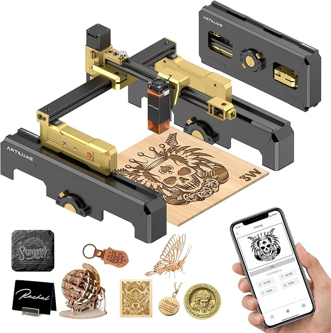 Artilume Laser Engraver Portable Cutter Machine APP-Control Riser & Protective Casing for Small Business 200x150mm Working Area for Wood Leather Acrylic Coated Metal–DIY & Crafting T1-3W